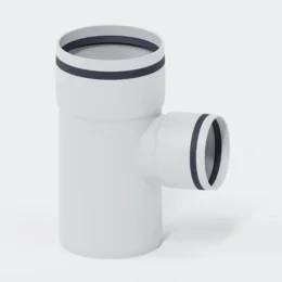 Weißes Kunststoff-Abzweigstück für Sanitär mit schwarzen Dichtungsringen, gezeigt vor einem einfachen Hintergrund.