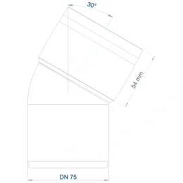 Technisches Schaubild einer 30°-Winkelrohrverbindung mit Kennzeichnung DN 75 und einer Seitenlänge von 54 mm.