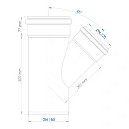 Technische Zeichnung eines Rohrfittings mit einem Hauptvertikalabschnitt und einem abgewinkelten Abzweig, gekennzeichnet mit DN 160 und DN 125, mit Abmessungen 309 mm, 201 mm, 77 mm und einem 45°-Winkel.