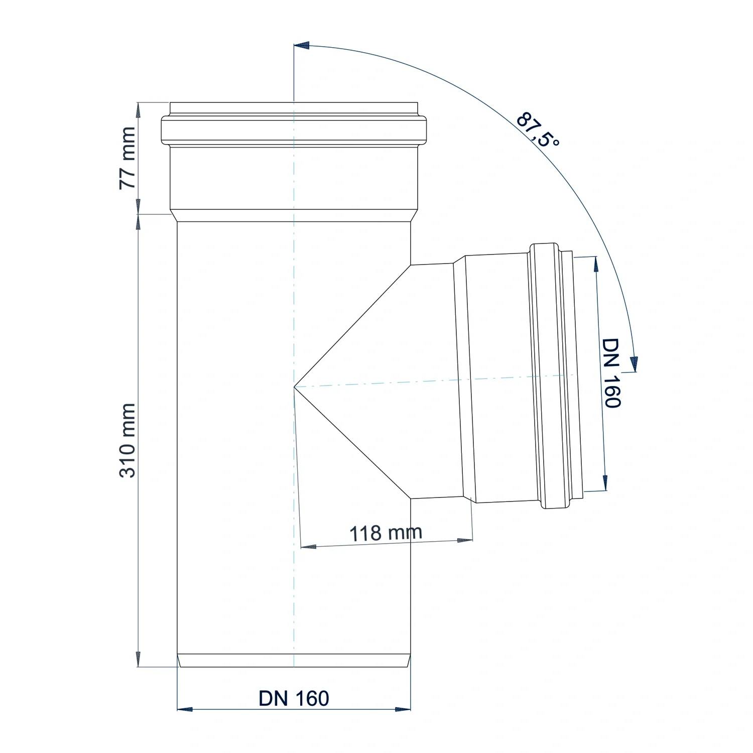 Technische Maßzeichnung einer DN 160 Rohrfitting, zeigt Gesamthöhe 310 mm, oberer Abschnitt 77 mm, Seitenzweig 118 mm und 87,5° Winkel.