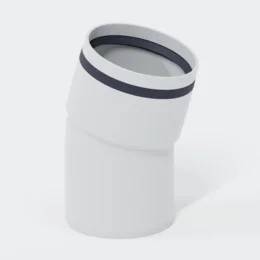 Weißes Kunststoffrohr-Bogenfitting mit dunklem Dichtungsring, dargestellt vor einfachem Hintergrund.