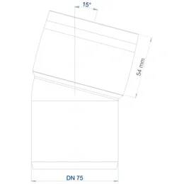 Technisches Diagramm eines Rohrkrümmers mit einem Winkel von 15°, eine Höhe von 54 mm und einem DN-75-Durchmesser.