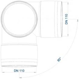 Technische Zeichnung einer 90°-Rohrkrümmer-Fitting mit der Bezeichnung DN 110, zeigt kreisförmige Öffnungen und Abmessungen.