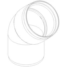 Linienzeichnung eines gebogenen Rohrkrümmers, die eine 90-Grad-Krümmung mit kreisförmigen Öffnungen und zylindrischem Körper zeigt.