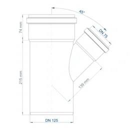 Technische Zeichnung einer Rohrverbindung: vertikales DN 125 Hauptrohr, 45° abgewinkelter Seitenzweig mit der Bezeichnung DN 75, mit den Abmessungen 215 mm, 74 mm und 139 mm.