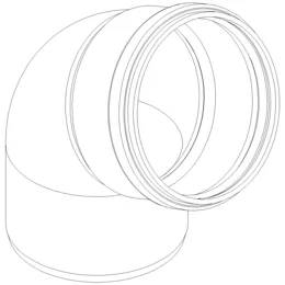 Linienzeichnung einer zylindrischen Rohrverschraubung oder Ellbogenverbinder mit kreisförmigen Öffnungen, dargestellt in Perspektive auf weißem Hintergrund.