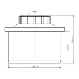Technische Zeichnung einer zylindrischen Sanitärarmatur mit Flansch oben, gekennzeichnet mit den Abmessungen DN 75, 45 mm, 69 mm und 1/2 Zoll.