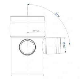 Technische Zeichnung eines zylindrischen Maschinenteils mit Seitenauslass, beschriftet mit 63 mm, DN 50 und 67,5° Winkel.