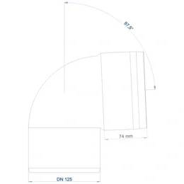 Technisches Diagramm einer 90-Grad-Rohrkrümmung mit der Bezeichnung DN 125, einem 74-mm-Abschnitt und einer Winkelmessung von 87,5°.