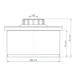 Technische Zeichnung einer zylindrischen Entlüftungsarmatur mit Abmessungen: 1/2 Zoll obere Öffnung, DN 110 Basis, 58 mm Körperhöhe, 80 mm Gesamthöhe.