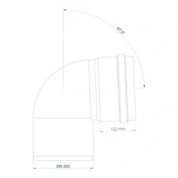 Technische Zeichnung eines 90-Grad-Rohrkrümmers, gekennzeichnet mit DN 200 mit Abmessungen von 122 mm und 81 mm.