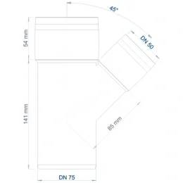 Technisches Diagramm einer Rohrverschraubung, das einen DN 75 Hauptvertikalabschnitt mit einem DN 50 geneigten Abzweig in 45°-Winkel zeigt, mit den Maßangaben 141 mm, 54 mm und 85 mm.
