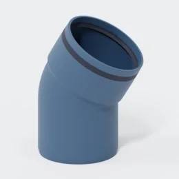 Blauer PVC-Rohrbogen mit 45-Grad-Winkel auf hellem Hintergrund, nach oben geneigt.