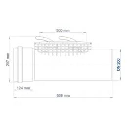 Technische Zeichnung einer Rohrarmatur mit oberem Sieb, mit einer Länge von 638 mm, einer Höhe von 287 mm, einer Breite von 300 mm und DN 200.