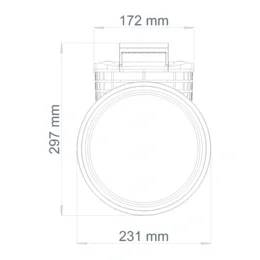Technische Zeichnung einer runden Leuchte, Vorderansicht mit Abmessungen 172 mm breit, 297 mm hoch und 231 mm Durchmesser.