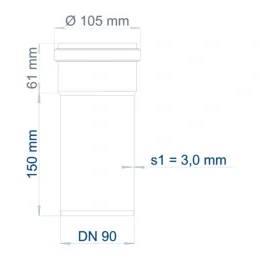 Technische Maßzeichnung einer zylindrischen Rohrverschraubung mit den Angaben Ø105 mm, 61 mm, 150 mm, s1 = 3,0 mm und DN 90.