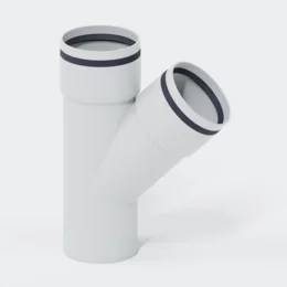 Weißer PVC-Y-Verbindungsstück mit zwei offenen Enden, eines vertikal und eines im Winkel nach oben rechts angewinkelt.