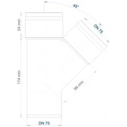 Technisches Schaubild einer Rohrverbindung mit einem 45° abgewinkelten Abzweig und gekennzeichneten Abmessungen: 54 mm, 174 mm, 98 mm und DN 75.