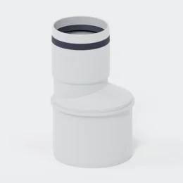 Weißes Kunststoff-Sanitärfitting mit vertikaler Rohröffnung oben und größerer runder Basis, gezeigt vor einfachem Hintergrund.