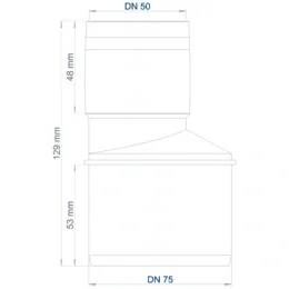 Technische Zeichnung einer Rohrarmatur mit DN 50 oben und DN 75 unten mit Abmessungen von 48 mm, 128 mm und 53 mm.