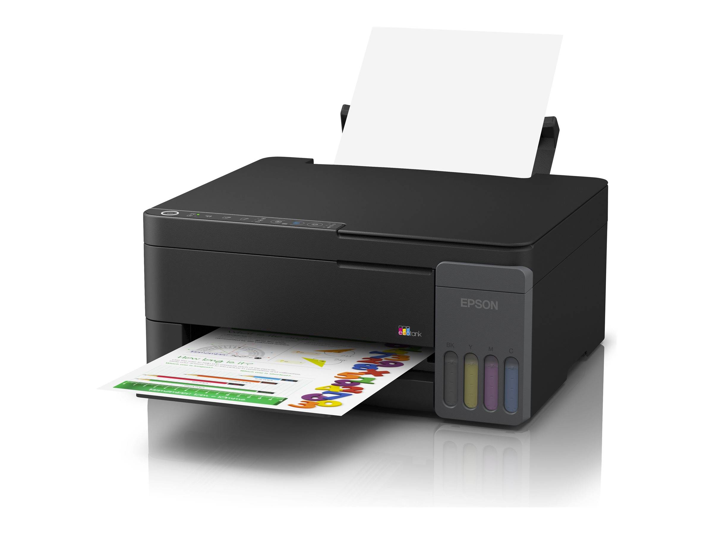 Schwarzer Epson-Tintenstrahldrucker druckt ein farbiges Dokument aus dem vorderen Tablett, wobei Papier in den hinteren Einzug geladen ist.