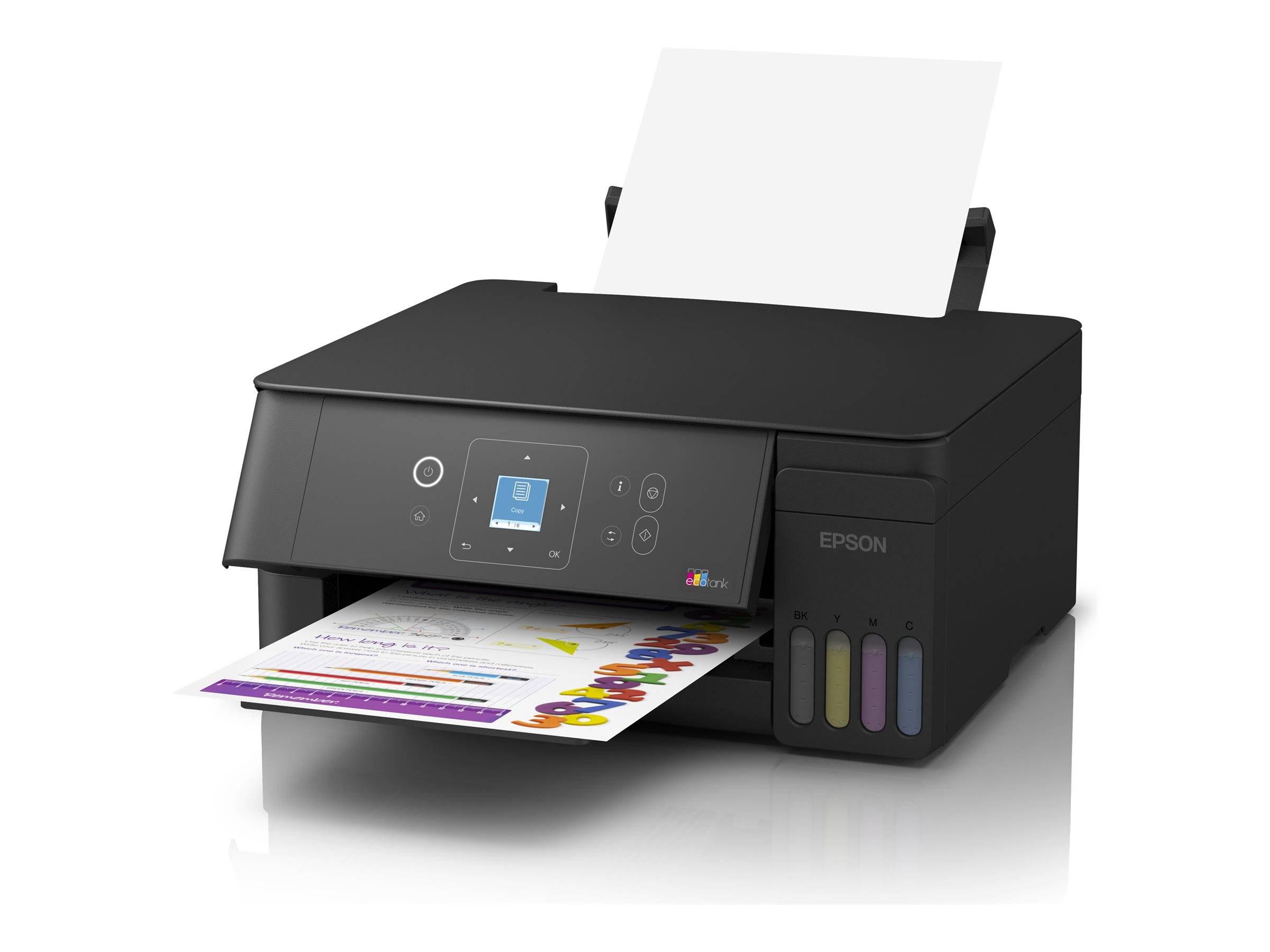 Schwarzer Epson Multifunktions-Tintenstrahldrucker beim Drucken einer farbigen Seite, mit Papier im hinteren Fach und einem LCD-Bedienfeld auf der Vorderseite.