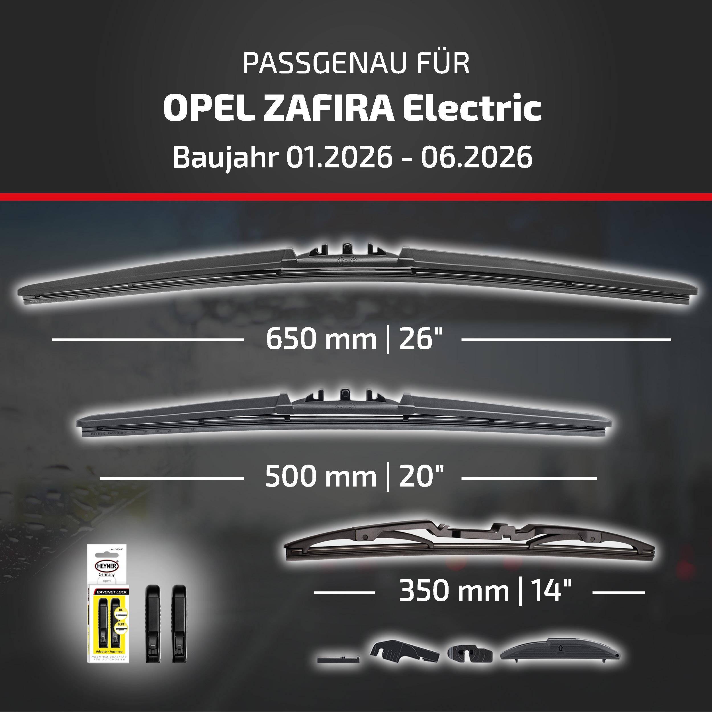 HEYNER® Scheibenwischer Komplettset für OPEL ZAFIRA (01.2026 - 08.2026) HYBRID Flachbalkenwischer
