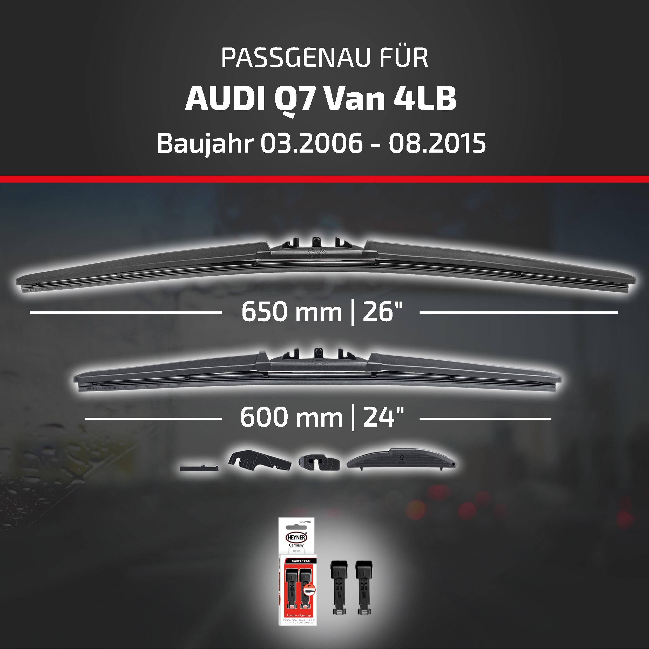 Kompatible Wischblätter für Audi Q7 Van 4LB, Modelljahre 03.2006-08.2015; Größen wie abgebildet: 650 mm/26 Zoll und 600 mm/24 Zoll, mit inbegriffenen Adaptern.