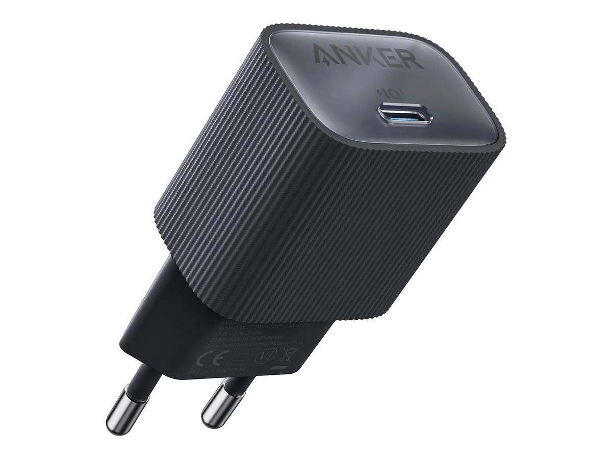 Schwarzes Anker USB-C Wandladegerät mit zweipoligem Stecker und einem einzelnen USB-C-Anschluss auf weißem Hintergrund.