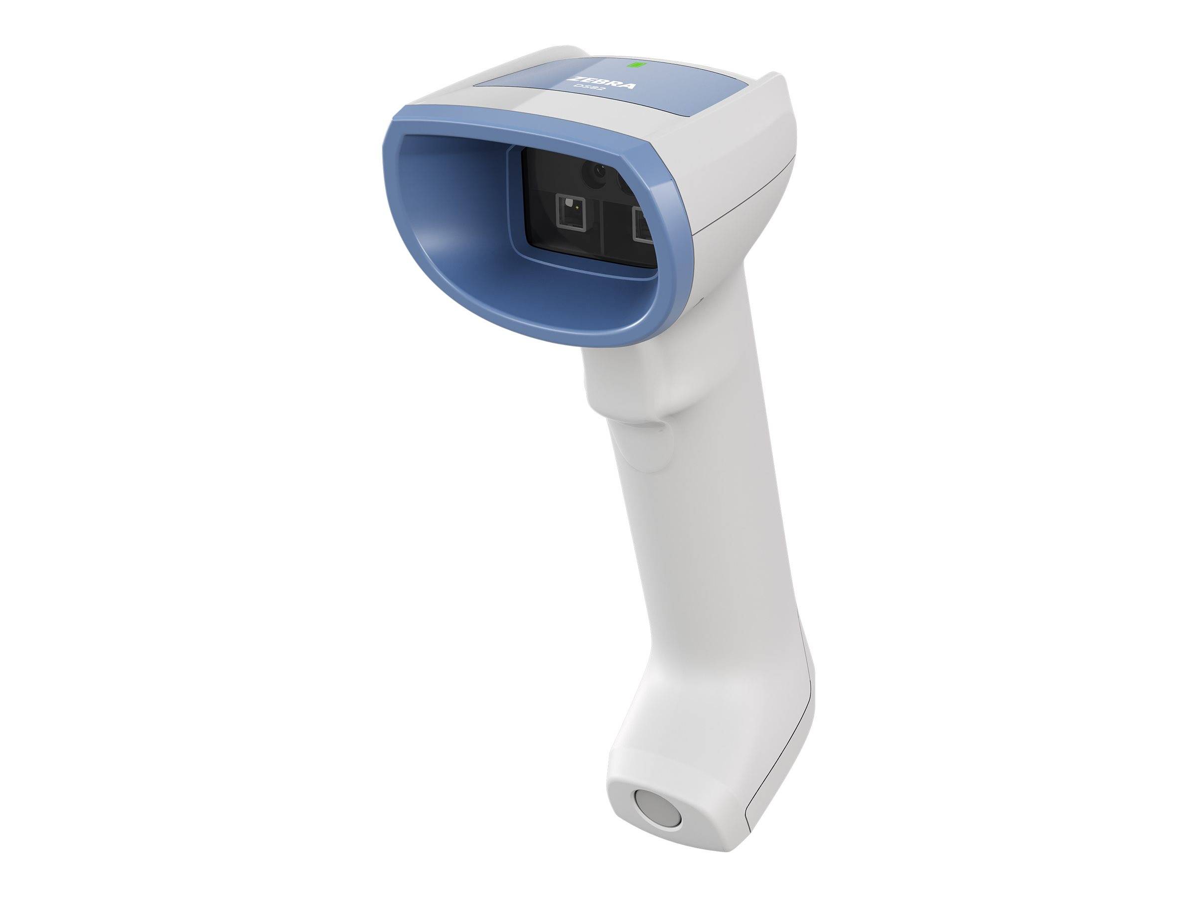 Tragbarer Barcodescanner mit weißem und blauem Gehäuse, gezeigt vor einem einfachen Hintergrund.