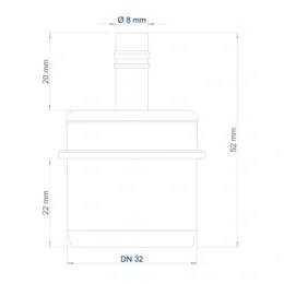 Technische Maßzeichnung einer zylindrischen Komponente mit 8 mm Auslassöffnung oben, 52 mm Gesamthöhe, 32 mm Basisdurchmesser und Abschnittsmessungen von 20 mm und 22 mm.