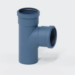 Blauer PVC-Rohrfitting mit einer vertikalen Öffnung und einem seitlichen Auslass-Winkel