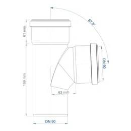 Technische Strichzeichnung einer Rohrbefestigung mit gekennzeichneten Abmessungen: DN 90 Durchmesser, 189 mm Höhe, 63 mm Basisbreite, 87,5° Biegewinkel und 80 mm Seitenauslass.