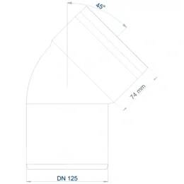 Technische Zeichnung eines 45°-Rohrkrümmers mit Kennzeichnungen 74 mm und DN 125, zeigt die Einbaudimensionen der Armatur.