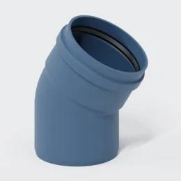 Blaues 45-Grad-Rohrbogen-Fitting mit schwarzem Dichtungsring, gezeigt auf einfachem hellem Hintergrund.
