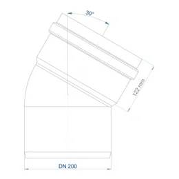 Technisches Diagramm eines Rohrkrümmers mit 30° Winkel, 122 mm Länge und DN 200 Durchmesser.