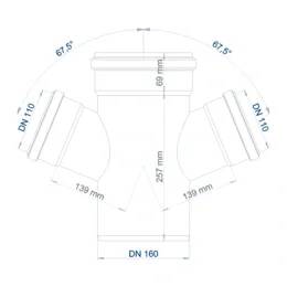 Technische Zeichnung einer Y-förmigen Rohrbefestigung mit drei DN 110 Seiteneingängen und einem DN 160 Bodenausgang, showing Abmessungen und 67,5° Winkel.