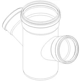 Linienzeichnung einer zylindrischen Sanitärrohrfitting mit zwei seitlichen Abzweigungen, perspektivisch auf weißem Hintergrund dargestellt.