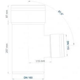 Technisches Diagramm einer Rohrarmatur, die einen T-förmigen Verbinder mit gekennzeichneten Abmessungen zeigt: 87 mm, 257 mm, 115 mm, DN 160 und DN 110.