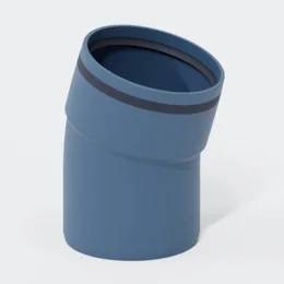 Blau abgewinkeltes PVC-Rohrverschraubung-Ellbogenverbinder auf einfachem weißem Hintergrund.