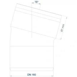 Technische Zeichnung eines gebogenen Rohrkrümmers mit Bezeichnung DN 160, zeigt einen Winkel von 15° und eine Seitendimension von 87 mm.