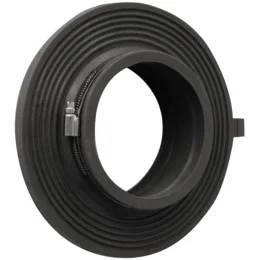 Schwarzer kreisförmiger Kameraobjektivadapterring mit gerillten äußeren Nuten und einem kleinen Verriegelungsschieber an der Seite.