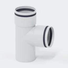 Weiße PVC-Rohrverschraubung T-Form mit zwei offenen Enden und schwarzen Dichtungsringen auf einfachem Hintergrund.