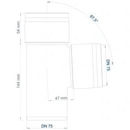 Technisches Diagramm einer Rohrarmatur mit Abmessungen: 144 mm Höhe, 54 mm oberer Bereich, 47 mm Versatz und DN 75 Beschriftungen, die einen gekrümmten Auslasswinkel von 87,5° zeigen.