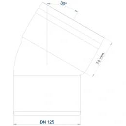 Technische Zeichnung einer gewinkelten Rohrverbindung mit der Bezeichnung DN 125, die eine 30°-Biegung und ein Abmessungn von 74 mm zeigt.