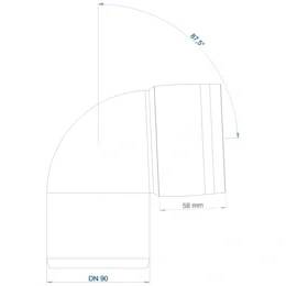 Technische Zeichnung einer Rohrbogenfitting mit der Bezeichnung DN 90, die eine Biegung von 87,5° und eine Breite von 58 mm zeigt.