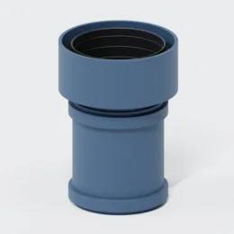 Blauer zylindrischer Rohrverbindungsstück mit weit geöffneter Oberseite auf weißem Hintergrund.