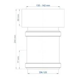 Technische Zeichnung einer zylindrischen Rohrverbindung mit Abmessungen: Oberbreite 135-142 mm, Höhe 244 mm, oberer Abschnitt 69 mm, unterer Abschnitt 77 mm, DN 125.