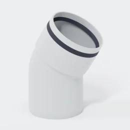 Weißes PVC-Rohrbogenformstück mit 45-Grad-Winkel und schwarzem Dichtungsring auf neutralem Hintergrund.