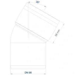Technisches Rohrverschraubungsdiagramm mit einem 30° abgewinkelten Abzweig mit 58 mm Länge an einer DN 90 Verbindung.